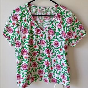 J. Crew Floral Poplin V-Neck Blouse - Pink and Green